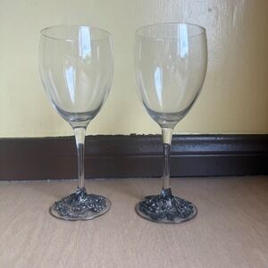 Arthur Court Wine Glasses Set of 2 Clear Silver 1997 Grape Vine Aluminum Base